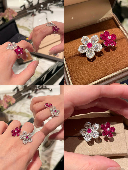 Top view of Blooming Ember ring with lab ruby and petal-shaped pavé halo in gold-plated S925 – ÉCLI