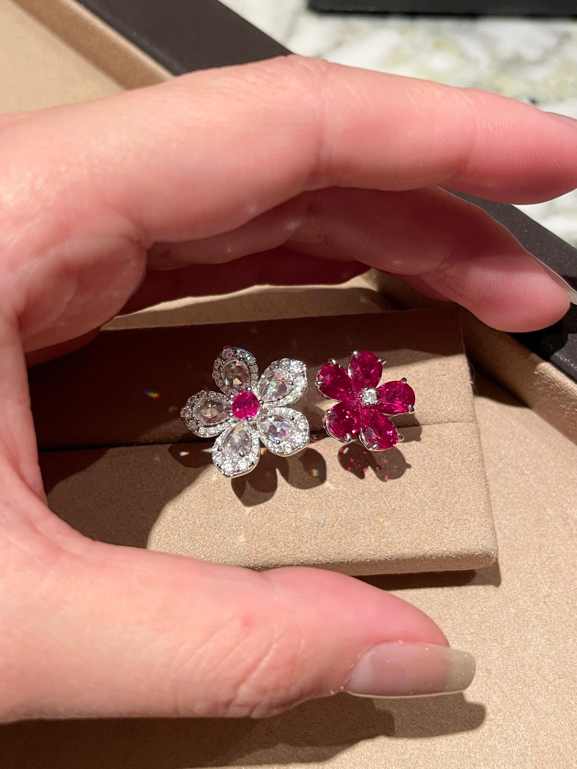 Blooming Ember – lab-created ruby floral ring in gold-plated silver, shown in angled view – ÉCLI