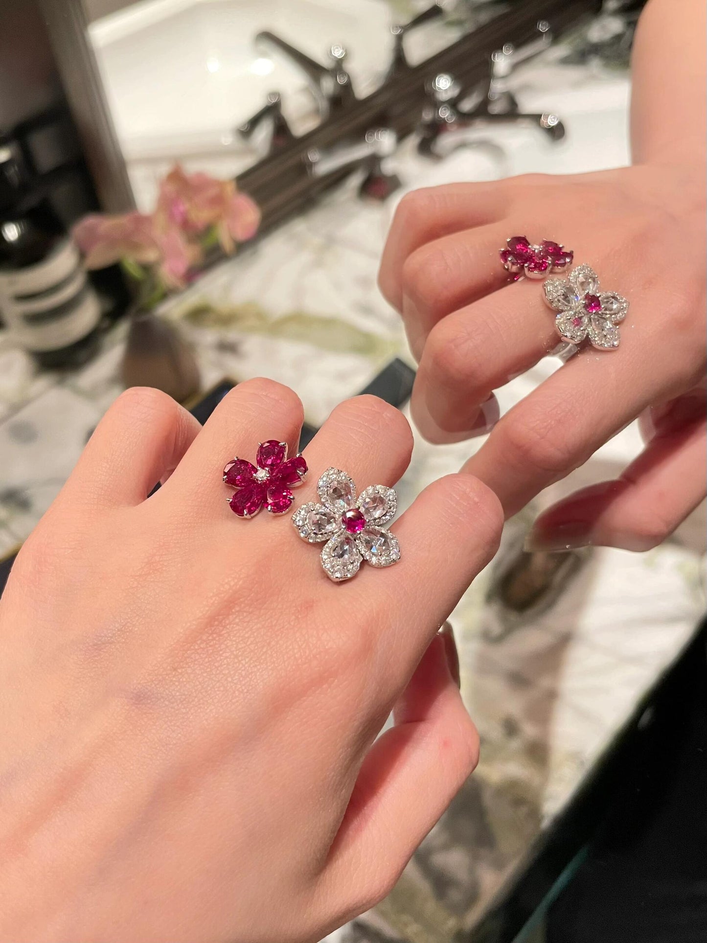Top view of Blooming Ember ring with lab ruby and petal-shaped pavé halo in gold-plated S925 – ÉCLI